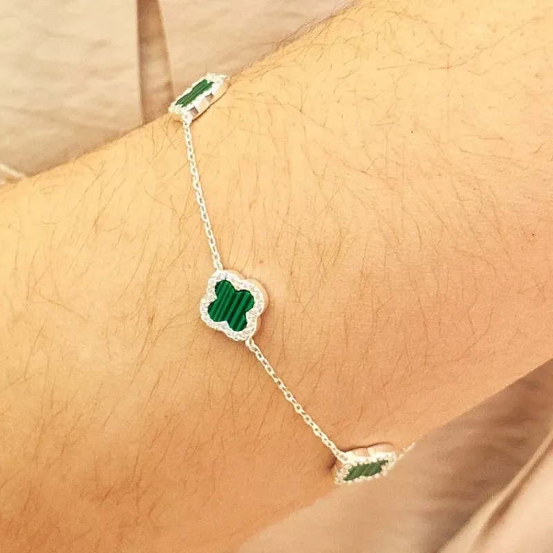 PULSEIRA PRATA ALHAMBRA VAN CLEEF MALAQUITAS BORDA CRAVEJADA