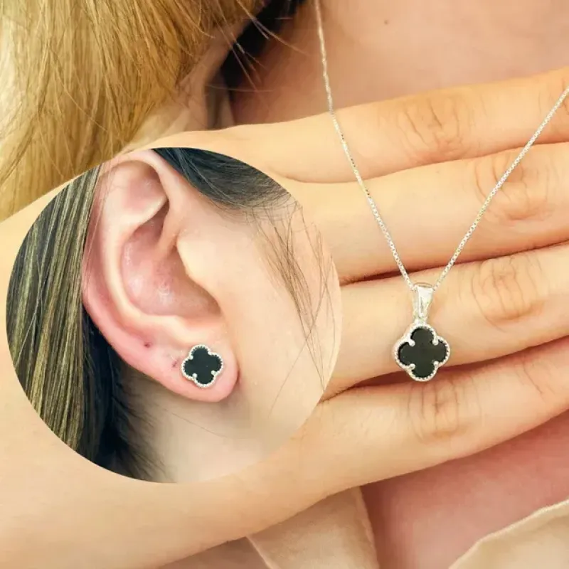 CONJUNTO PRATA ALHAMBRA VAN CLEEF PEDRA ONIX