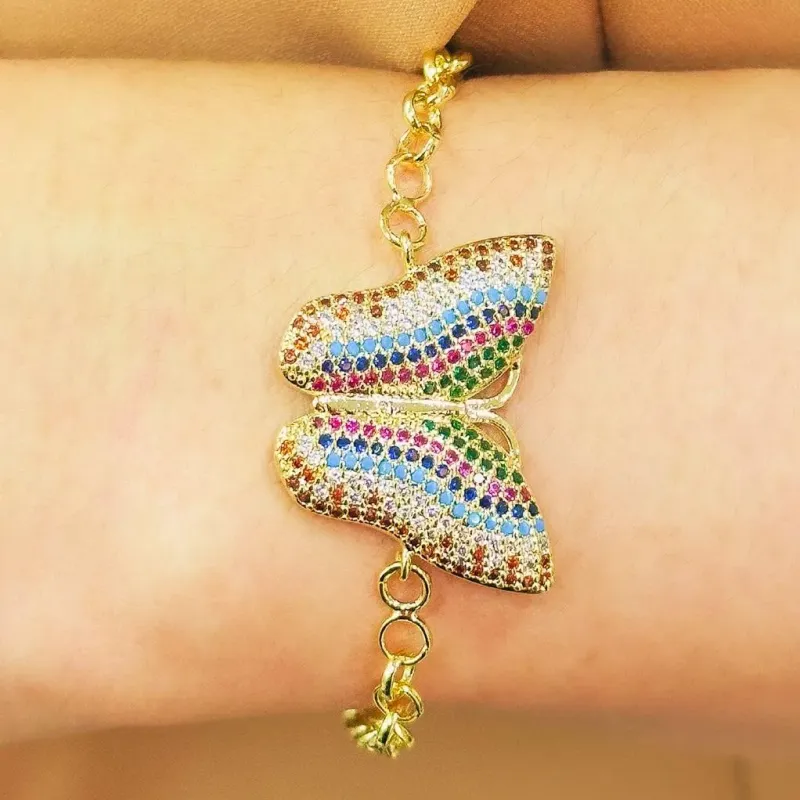 PULSEIRA ELO PORTUGUES BORBOLETA CRAVEJDADA COLORS