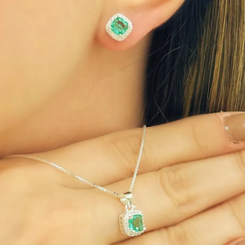 CONJUNTO PRATA PEDRA QUADRADA BORDA CRAVEJADA AQUAMARINE
