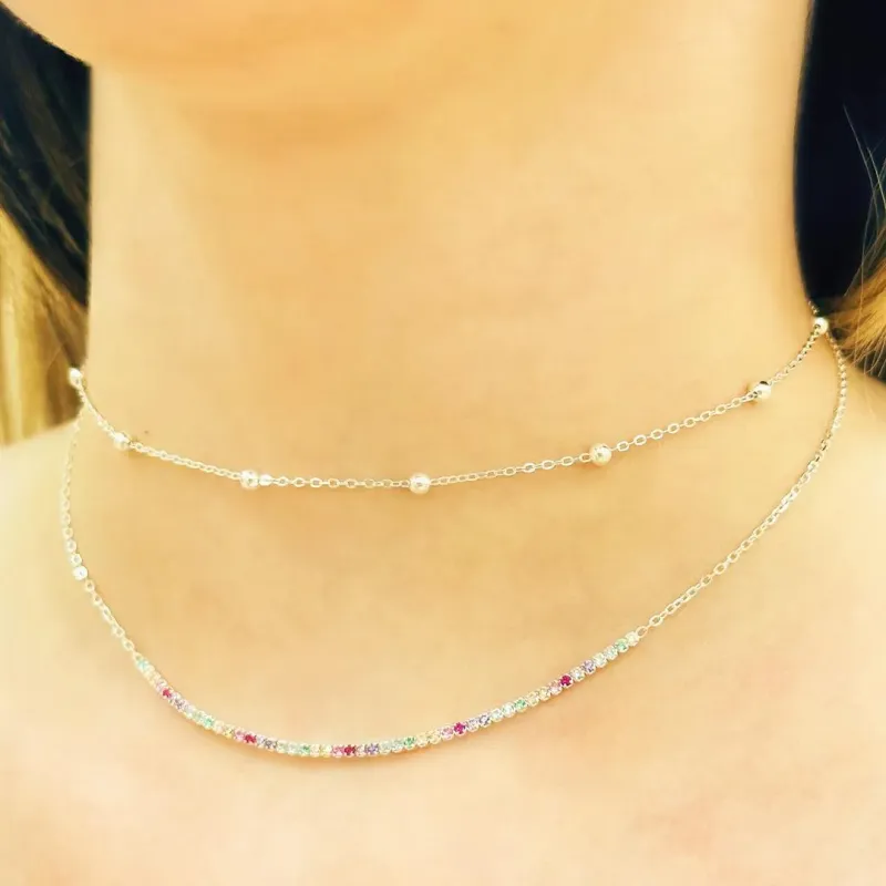 GARGANTILHA PRATA DUPLA BOLINHA COM RIVIERA COLORS