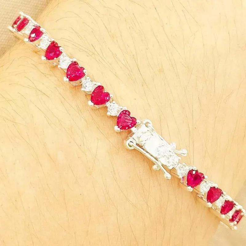 PULSEIRA PRATA CORAÇÕES RUBI FECHO GAVETA