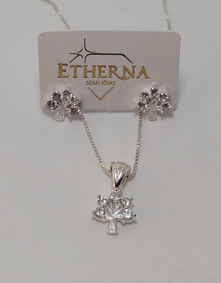 CONJUNTO PRATA ARVORE DA VIDA COM ZIRCONIA