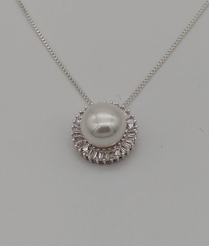 GARGANTILHA PRATA PEROLA COM ZIRCONIA