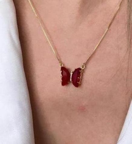 GARGANTILHA BORBOLETA ZIRCONIA VERMELHA