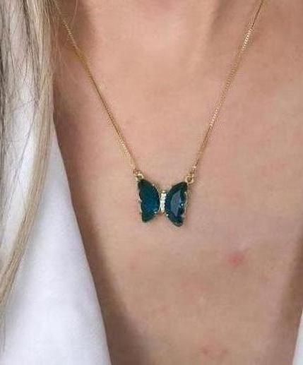 GARGANTILHA BORBOLETA ZIRCONIA AZUL