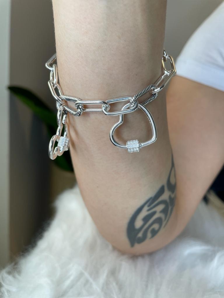 PULSEIRA PRATA ELO CADEADO FECHO CRAVEJADO
