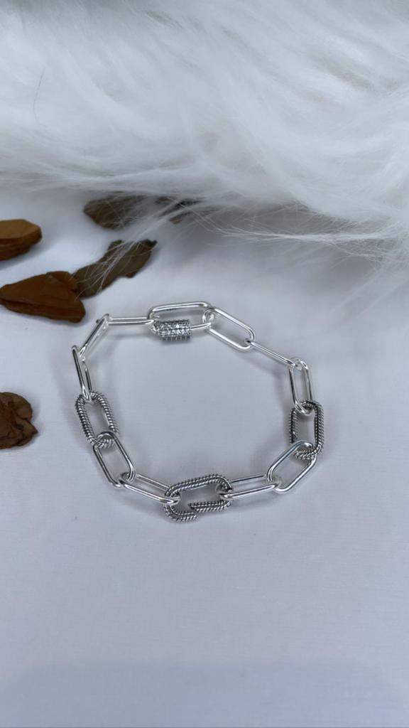 PULSEIRA PRATA ELO CADEADO FECHO CRAVEJADO