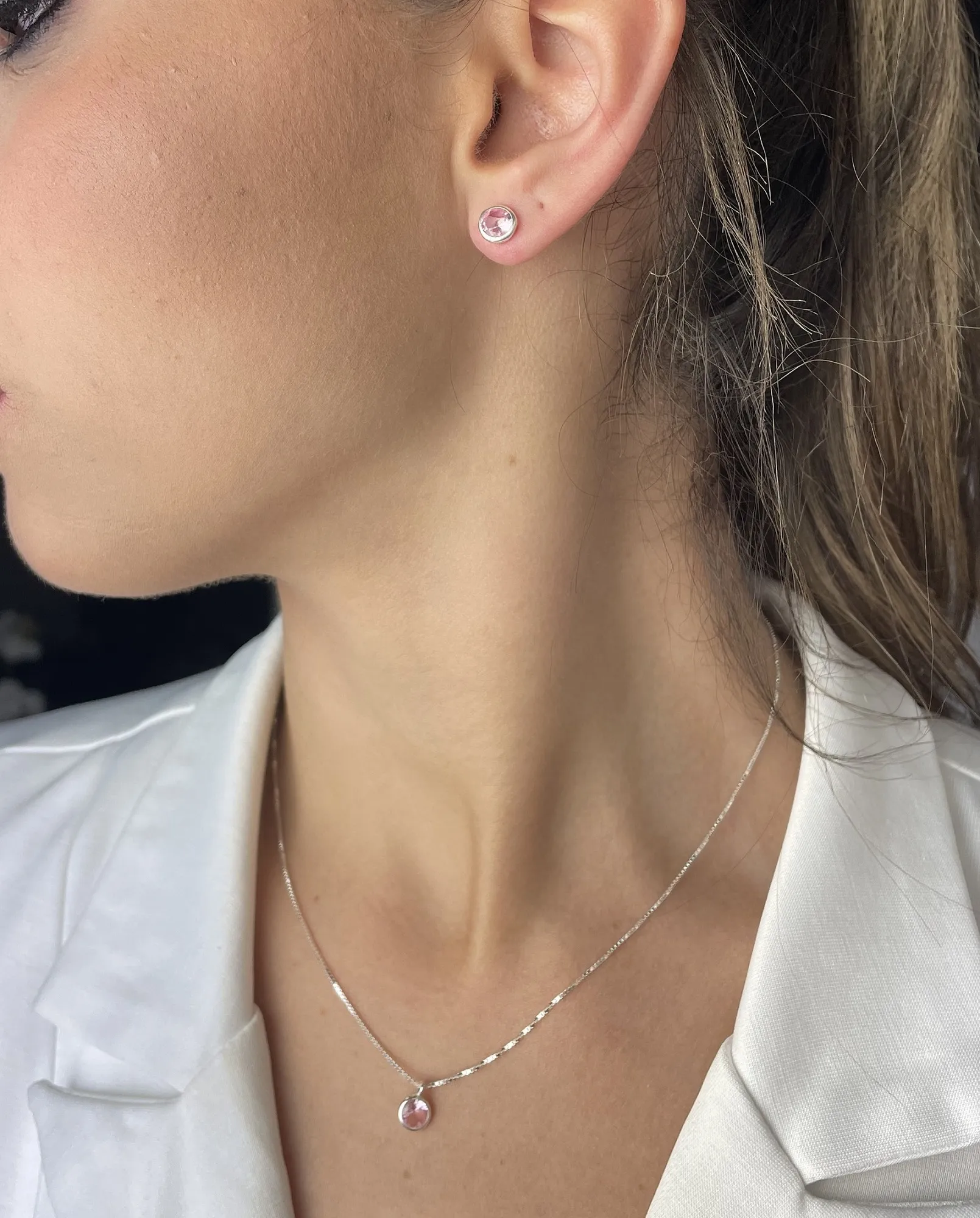 CONJUNTO PRATA PONTO DE LUZ ROSA