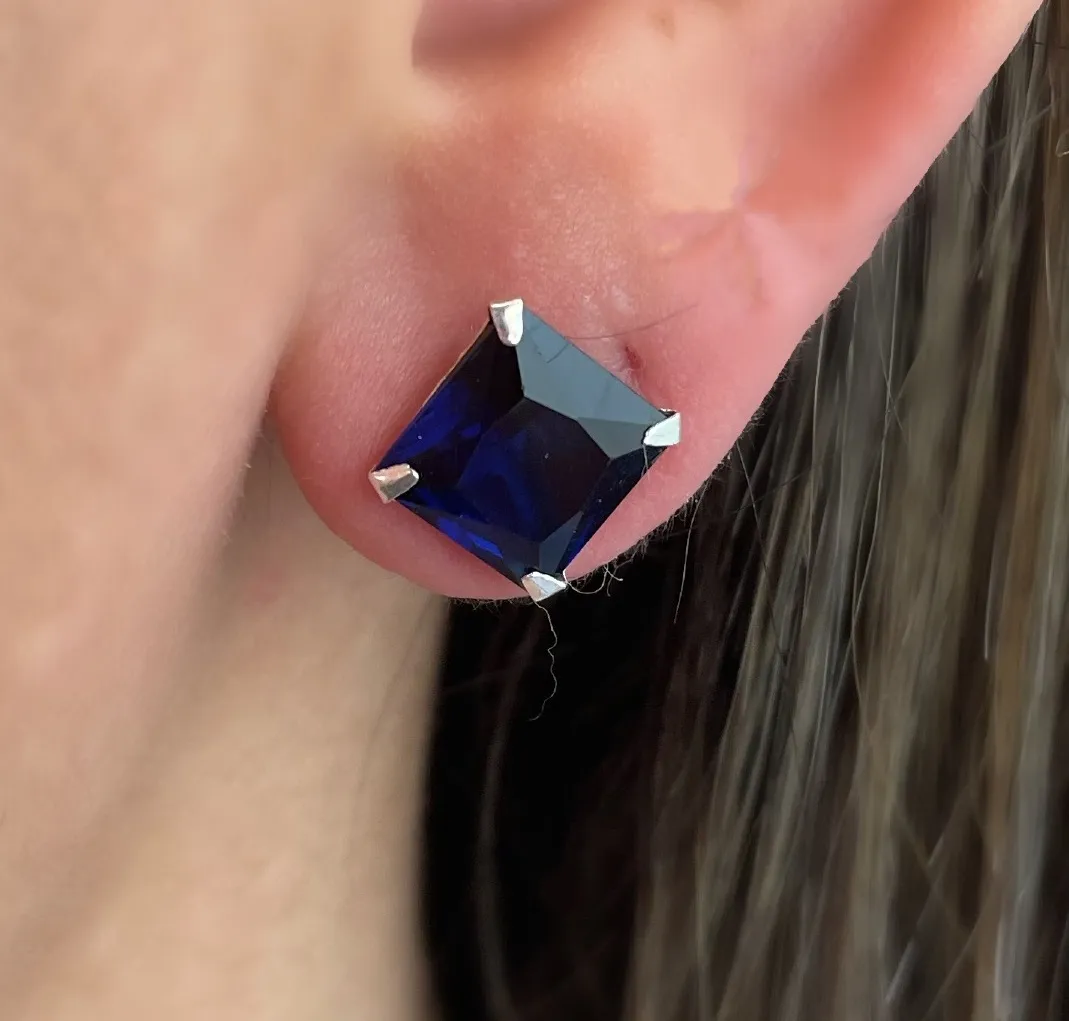 BRINCO PRATA ZIRCONIA SAFIRA AZUL QUADRADA