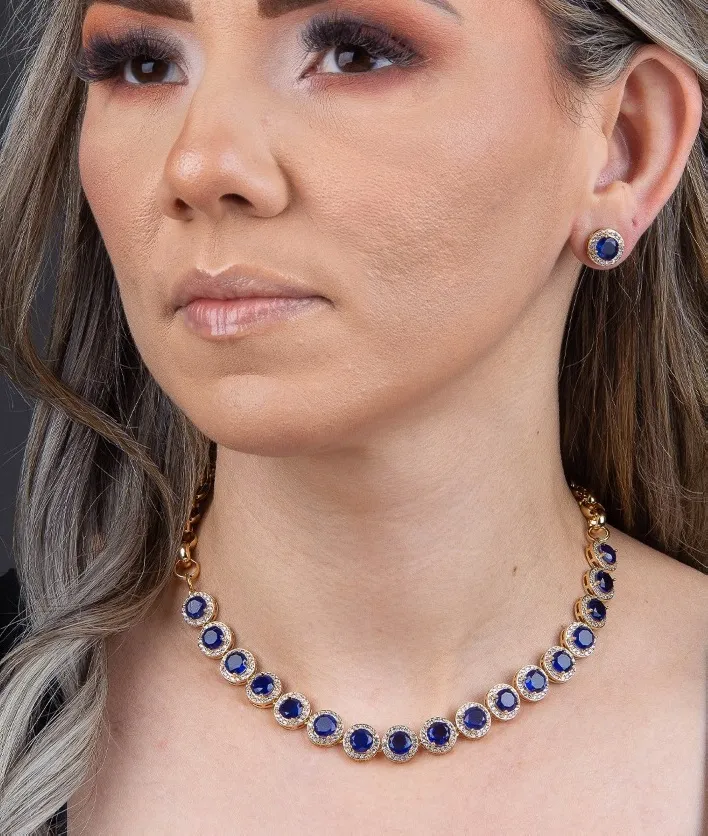 CONJUNTO PEDRAS FUSION CRAVEJADO AZUL SAFIRA