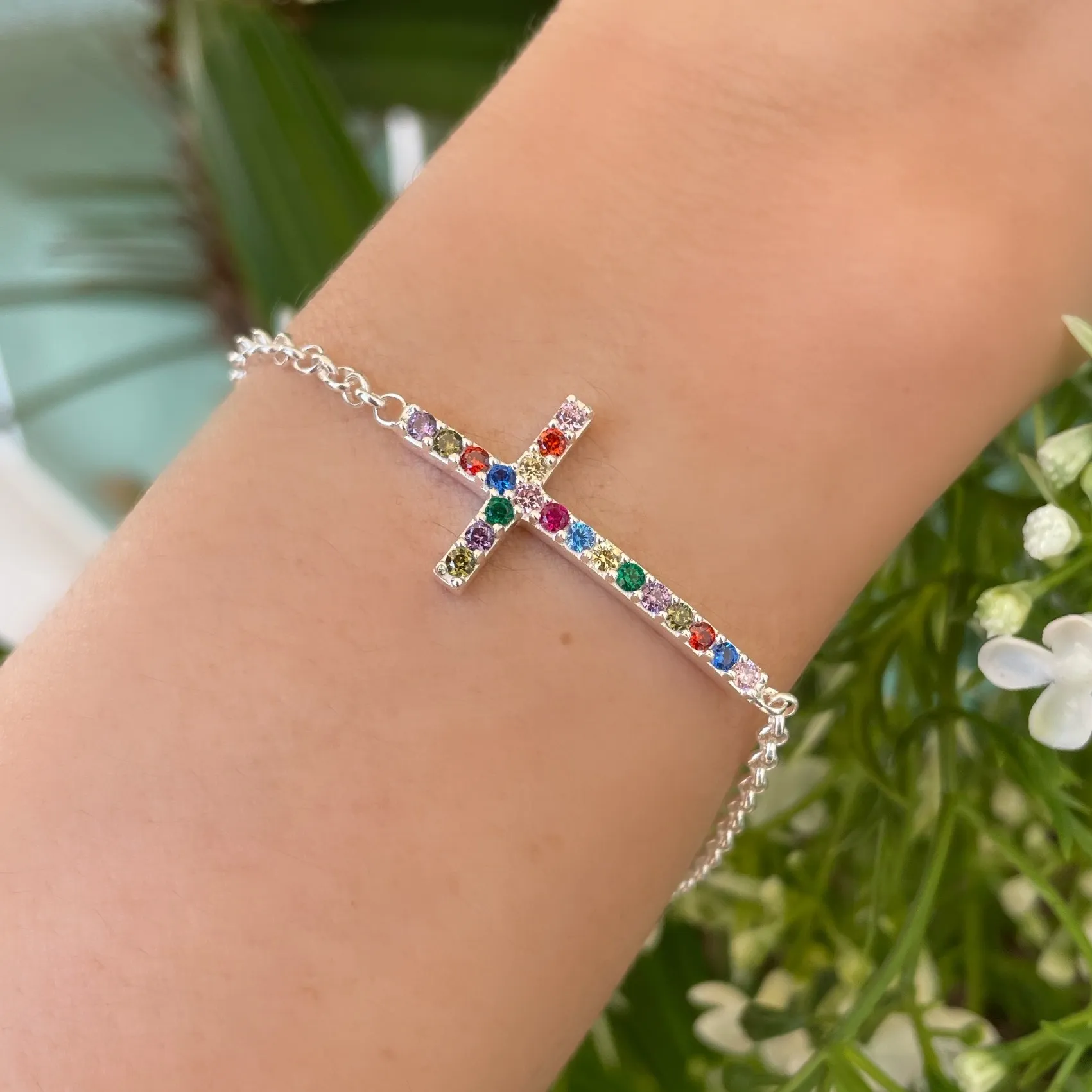 PULSEIRA PRATA CRUZ CRAVEJADA COLORS