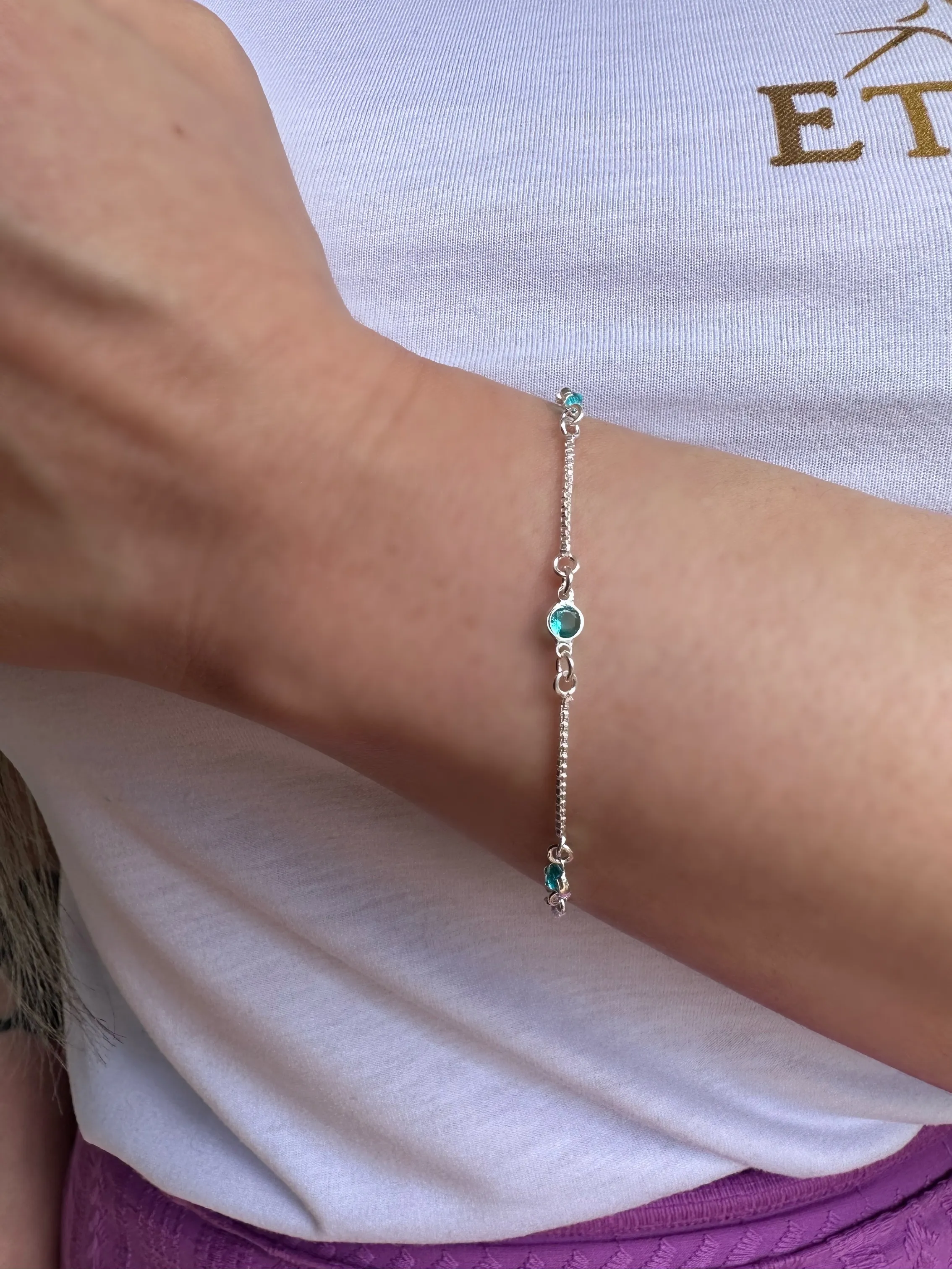 PULSEIRA PRATA PEDRA VERDE AQUAMERINE