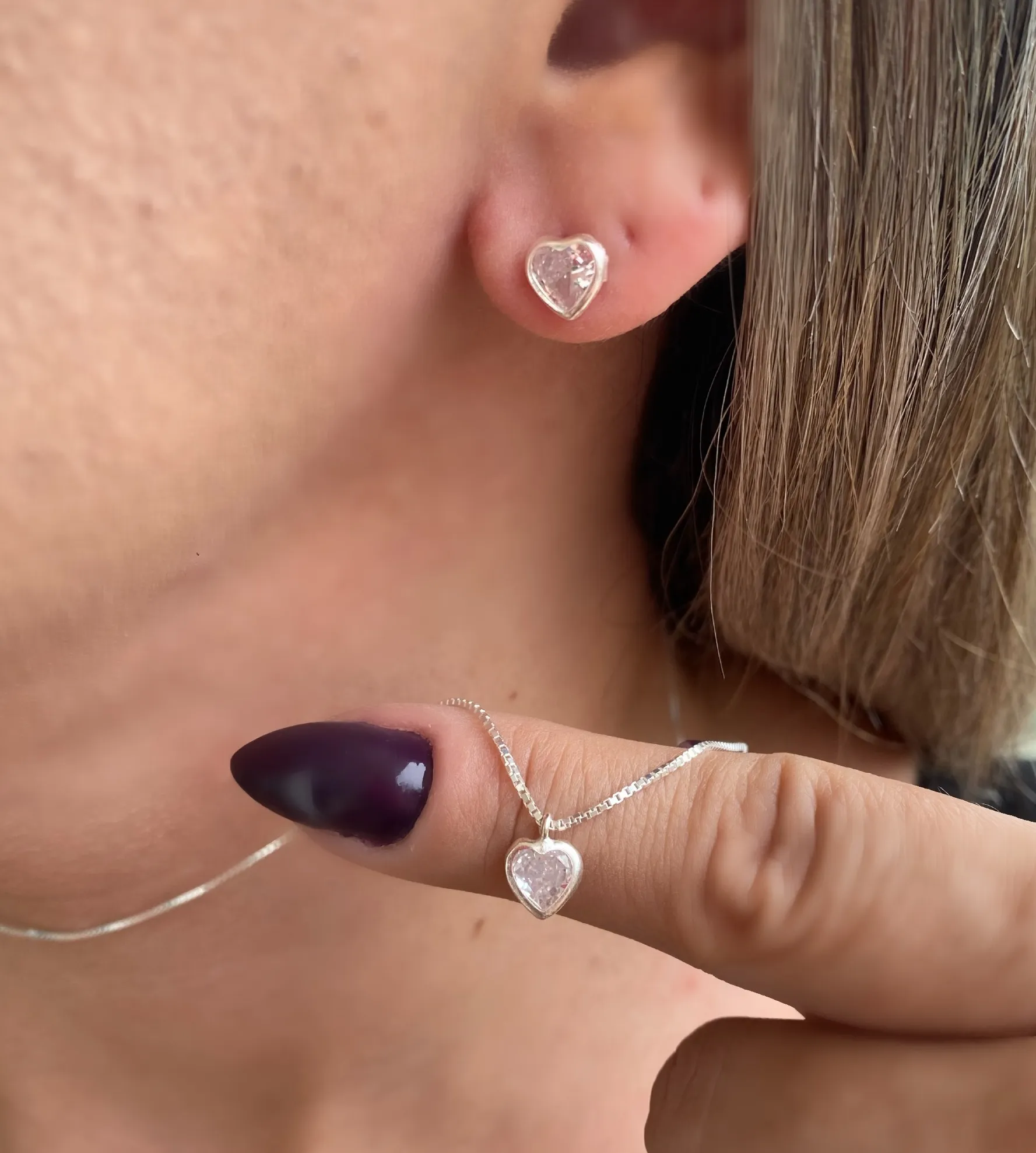 CONJUNTO PRATA CORAÇÃO ZIRCONIA CRISTAL