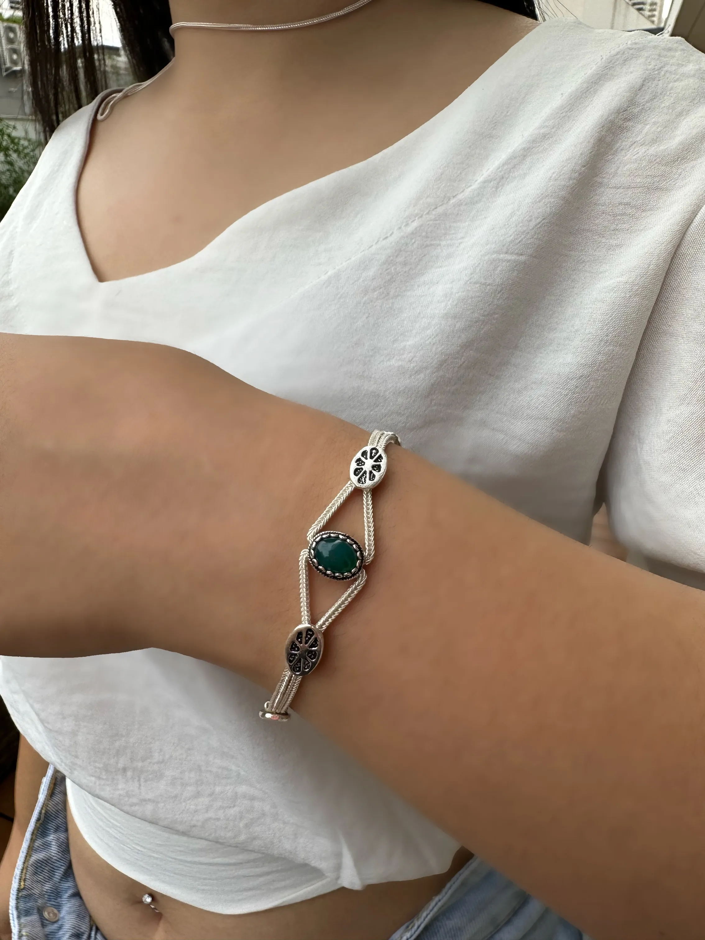 PULSEIRA PRATA PEDRA ÁGATA VERDE NATURAL