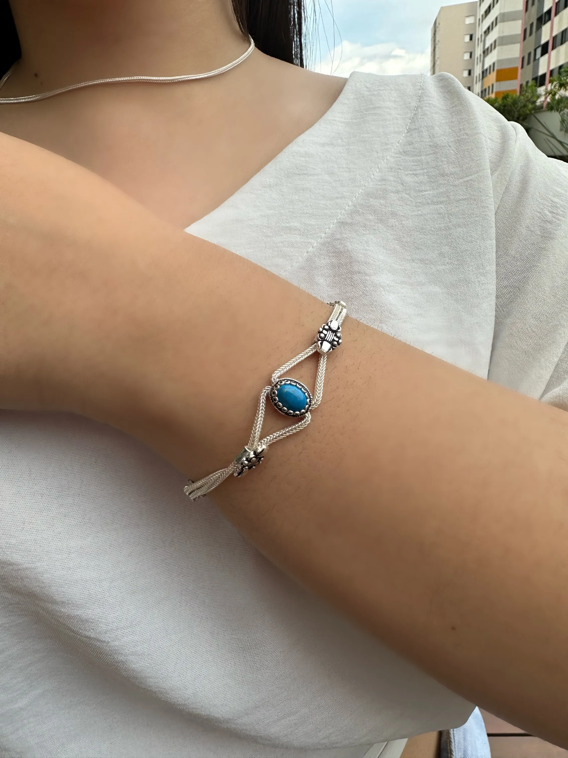 PULSEIRA PRATA PEDRA TURQUESA NATURAL
