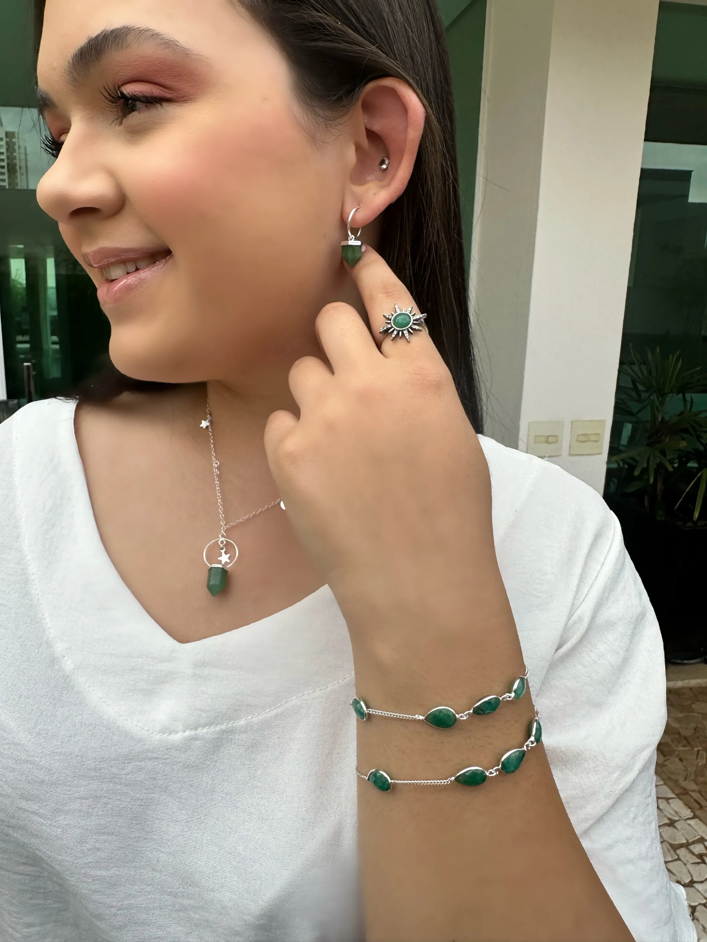 PULSEIRA PRATA PEDRA ESMERALDA NATURAL