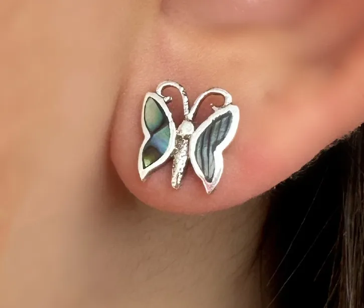 BRINCO PRATA BORBOLETA PEDRA ABALONE