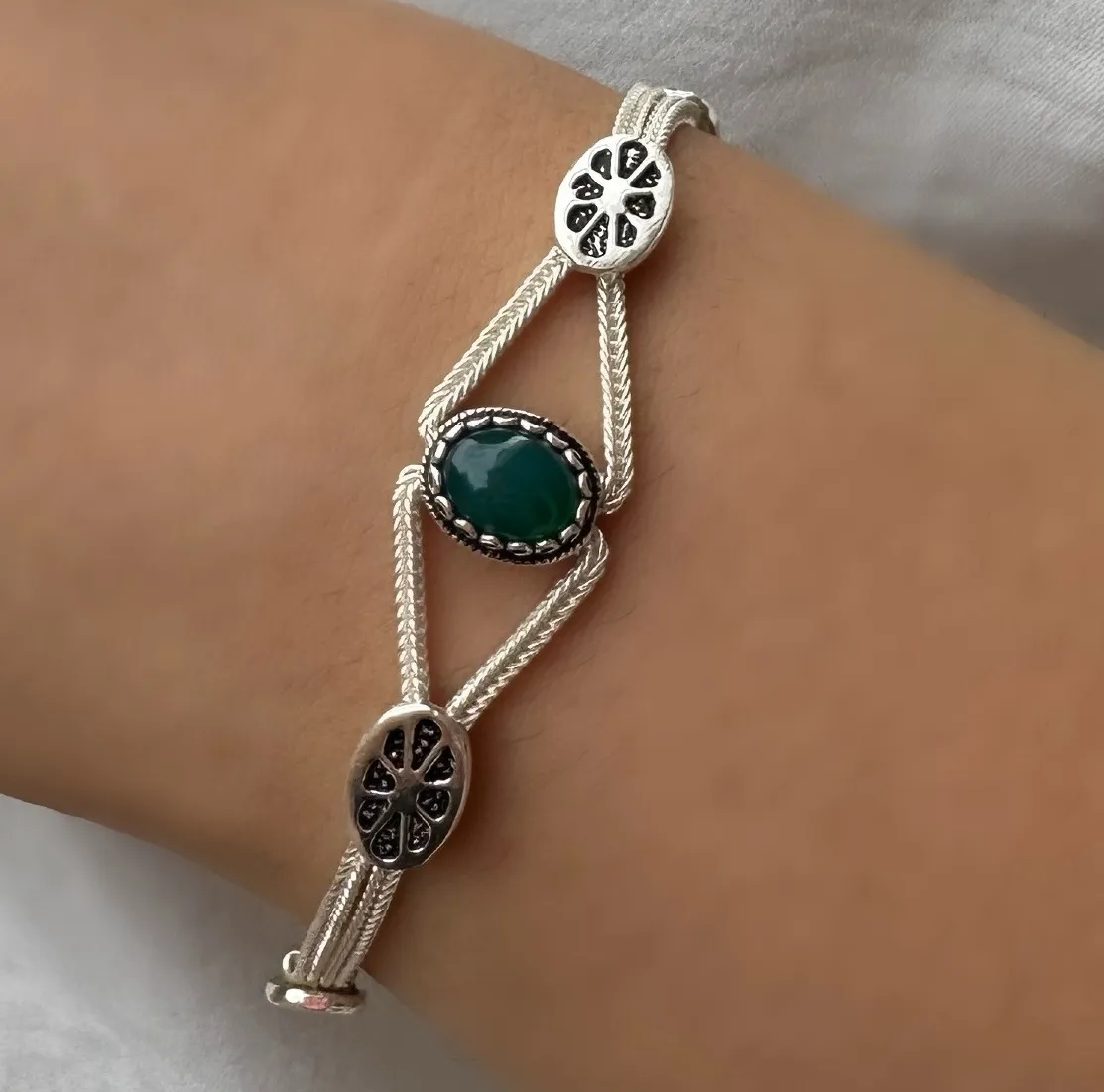PULSEIRA PRATA PEDRA ÁGATA VERDE NATURAL
