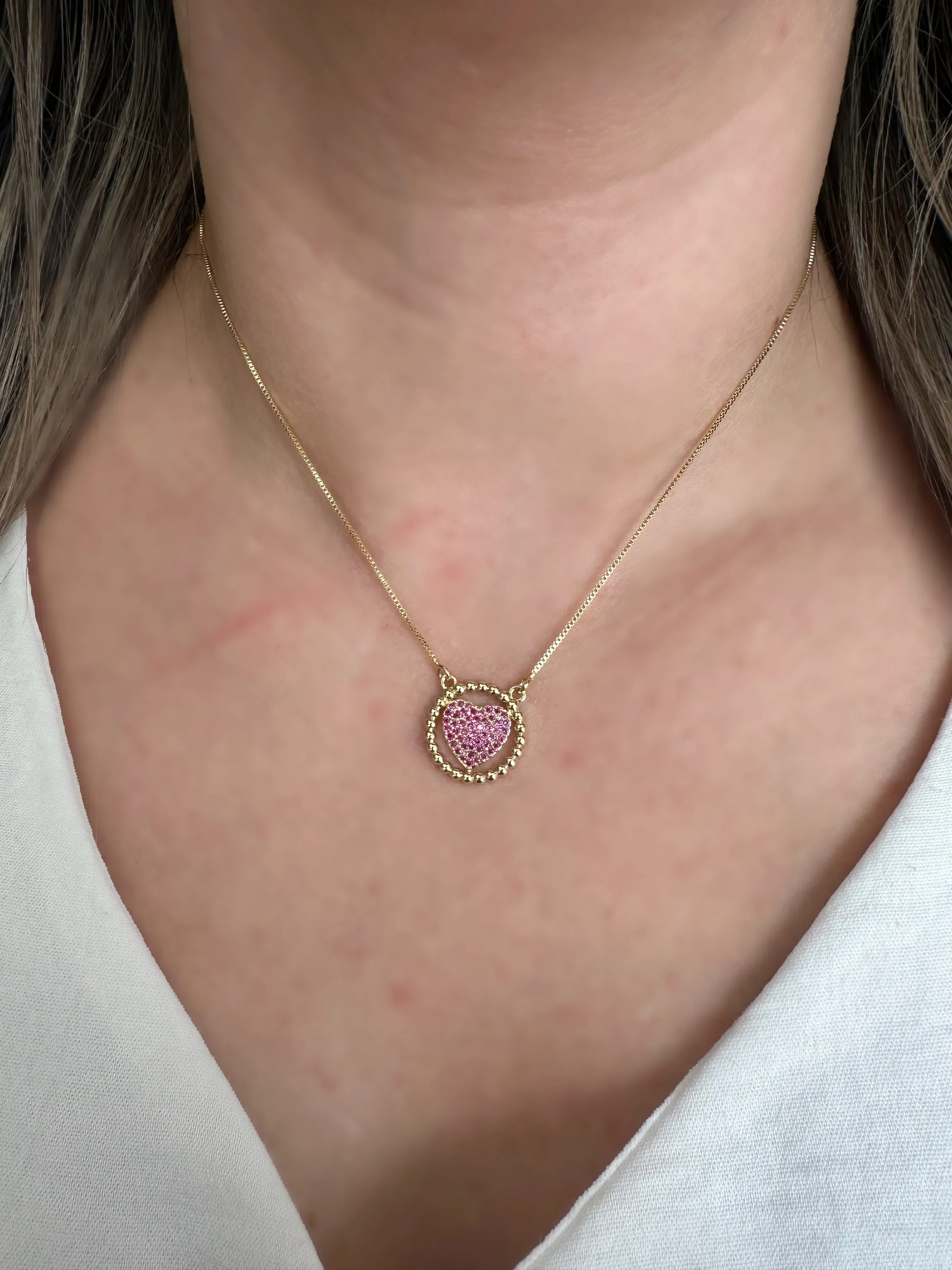 GARGANTILHA CORAÇÃO CRAVEJADO ROSA