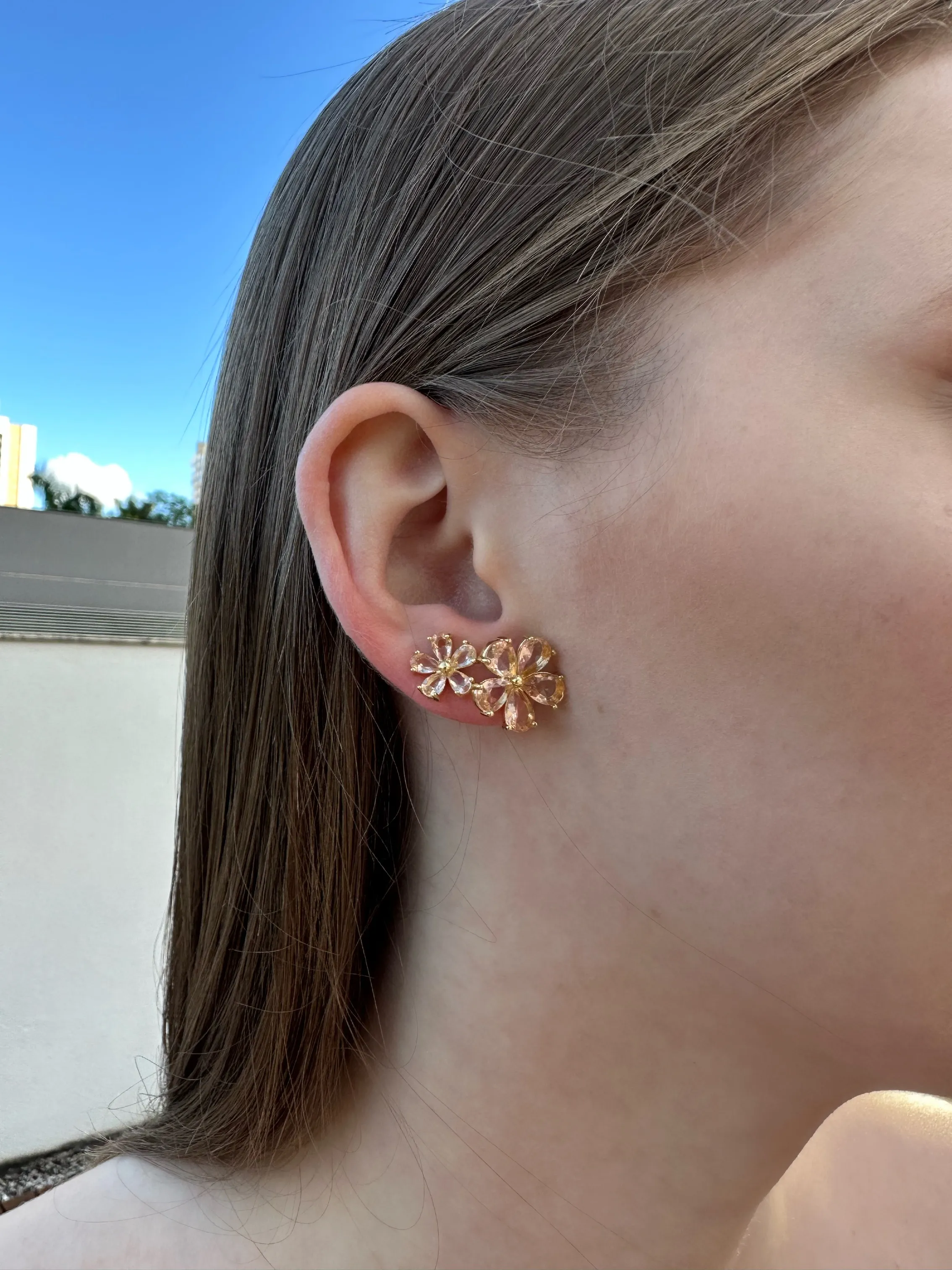BRINCO DUPLA FLOR ZIRCONIAS PÊSSEGO