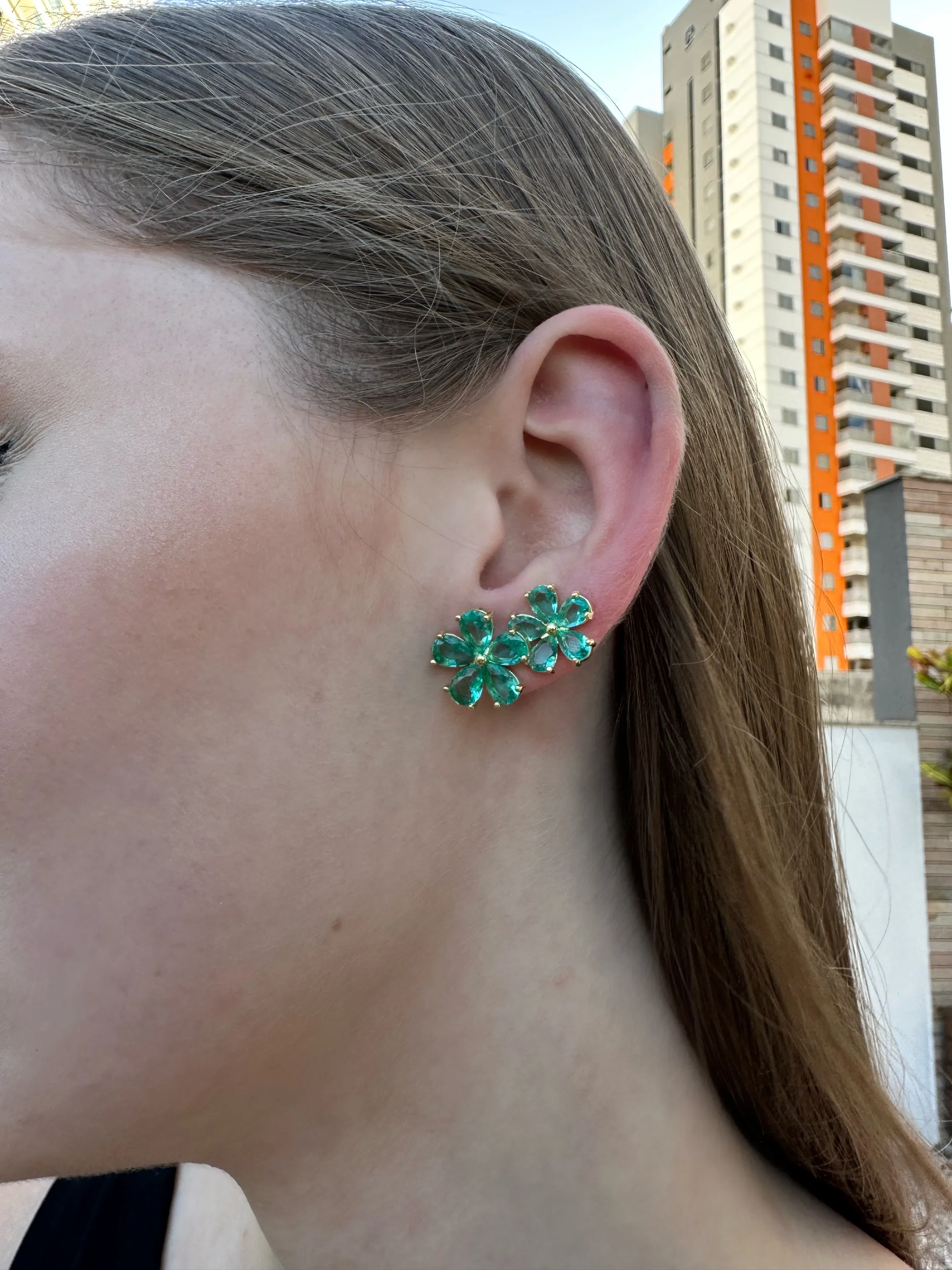 BRINCO DUPLA FLOR ZIRCONIAS AQUAMARINE