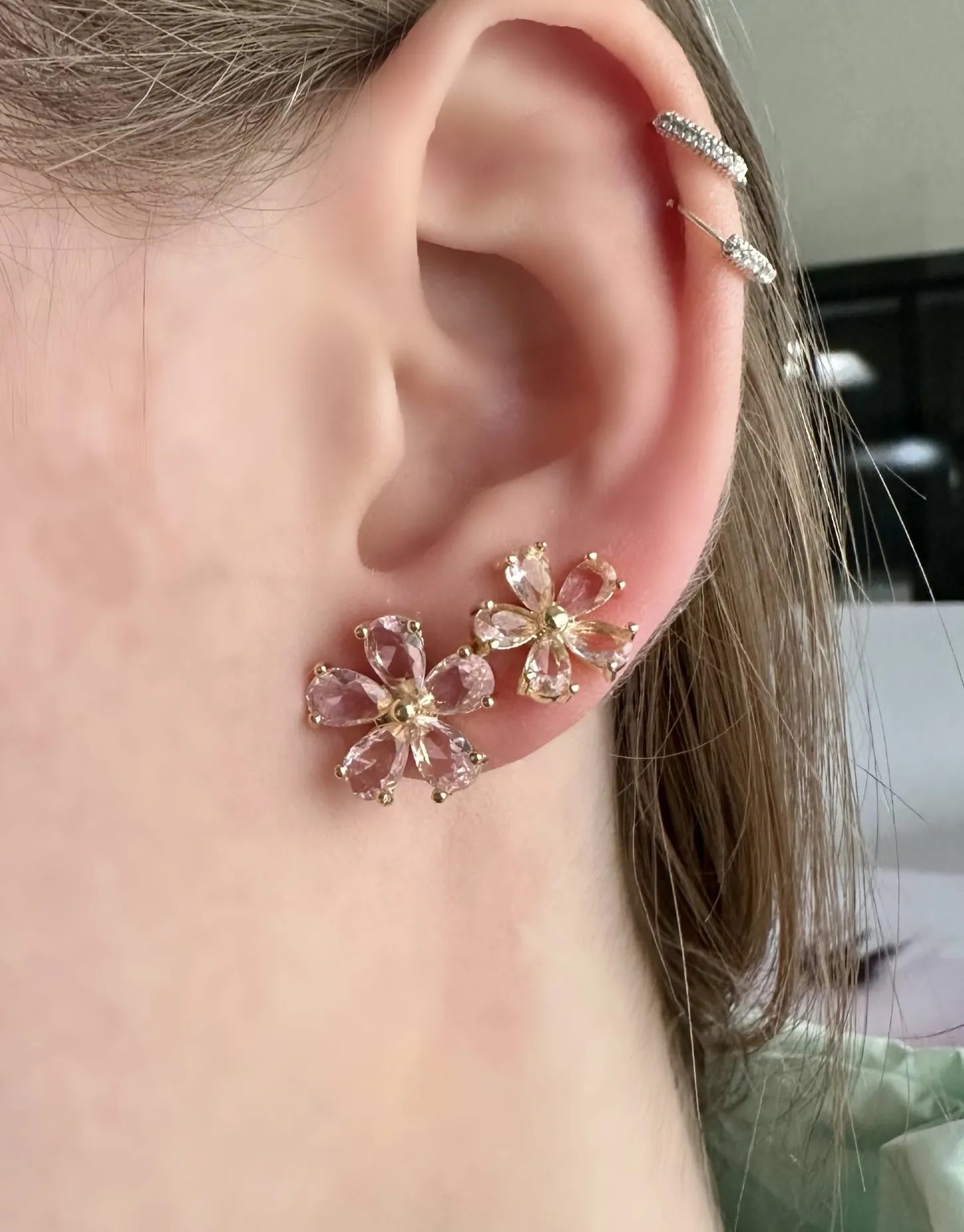 BRINCO DUPLA FLOR ZIRCONIAS ROSA