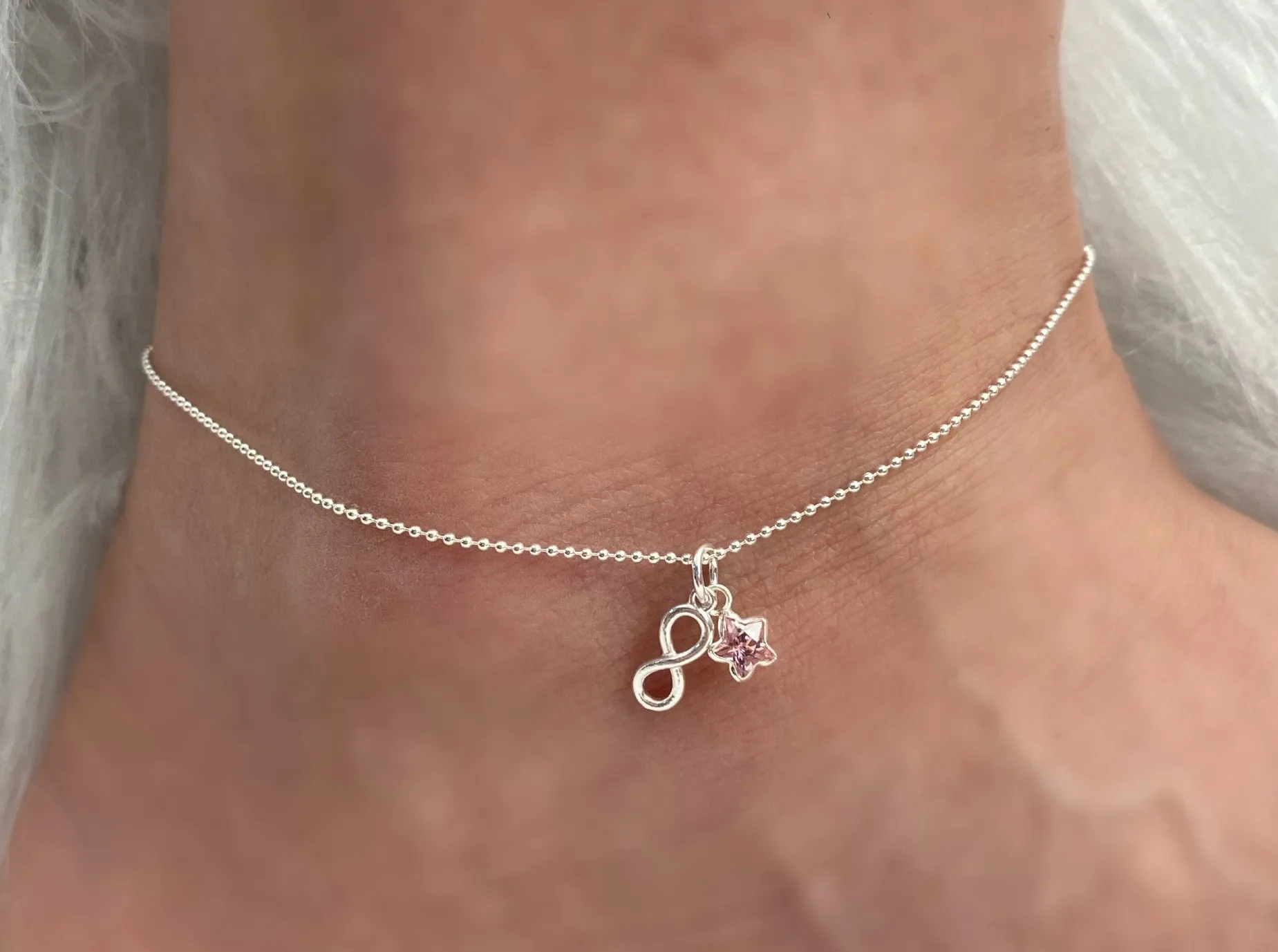 TORNOZELEIRA PRATA ESTRELA ROSA E INFINITO