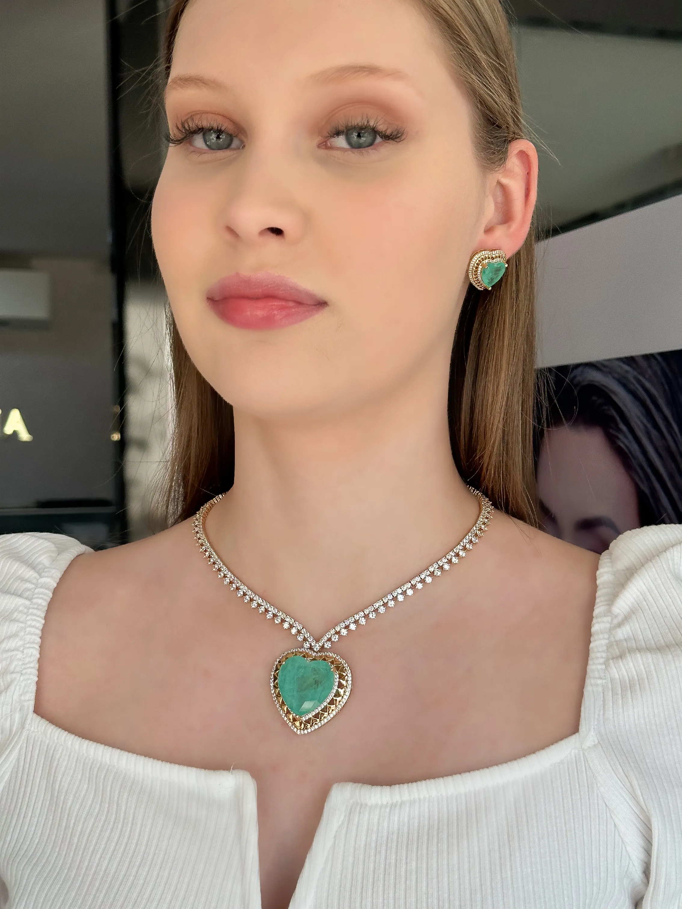CONJUNTO RIVIERA CORAÇÃO FUSION AQUAMARINE CRAVEJADO