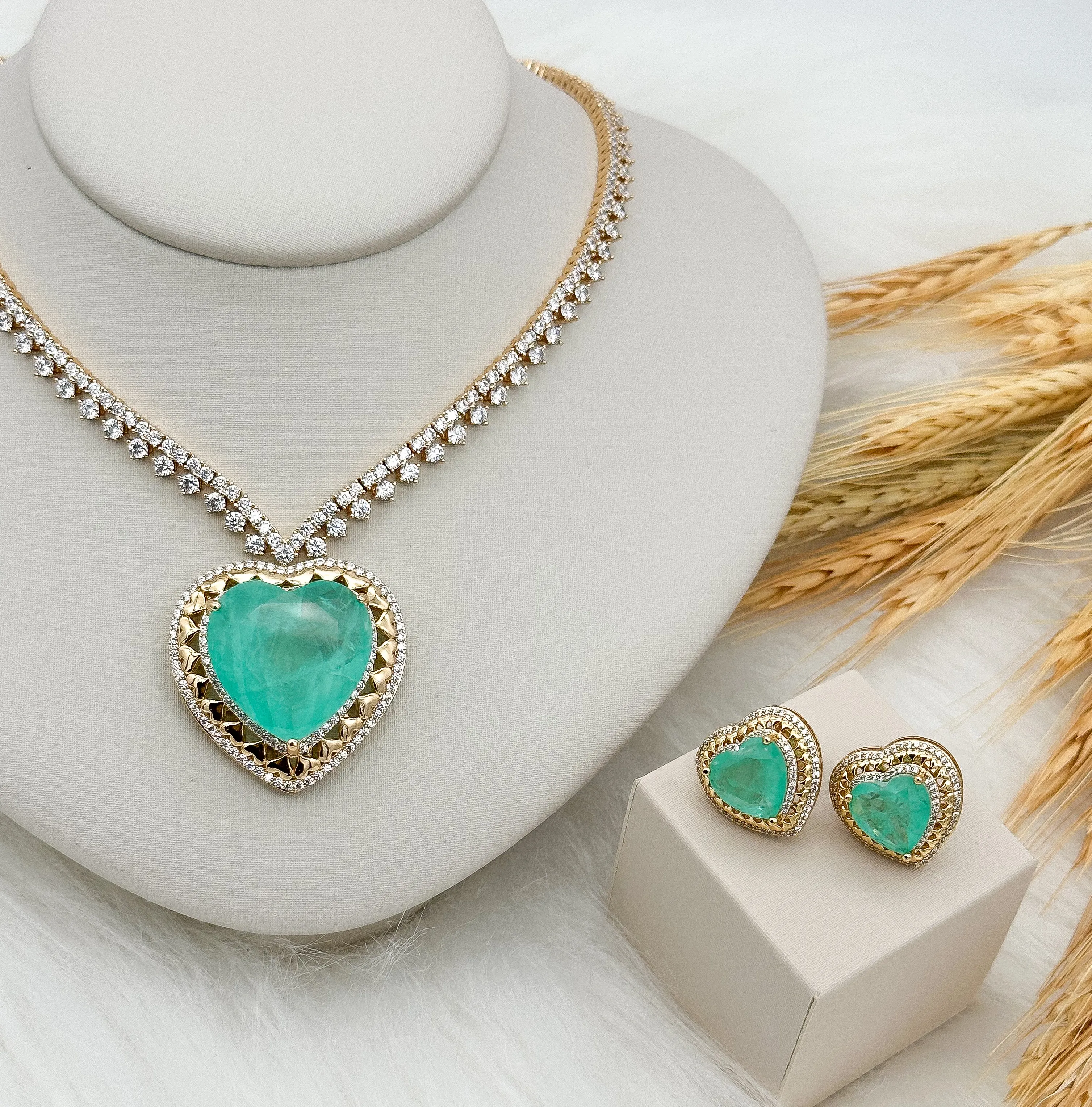 CONJUNTO RIVIERA CORAÇÃO FUSION AQUAMARINE CRAVEJADO