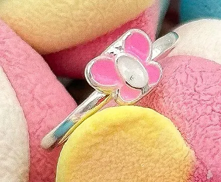 ANEL PRATA INFANTIL BORBOLETA ROSA
