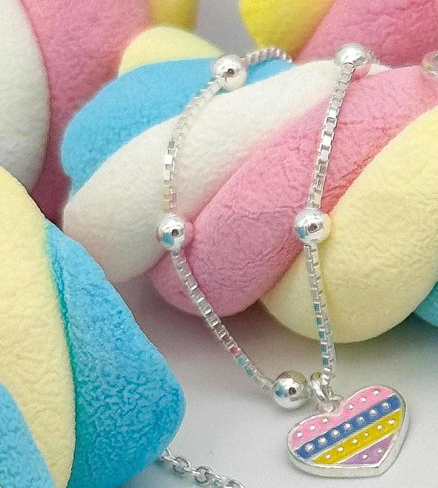 PULSEIRA PRATA INFANTIL CORAÇÃO COLORS
