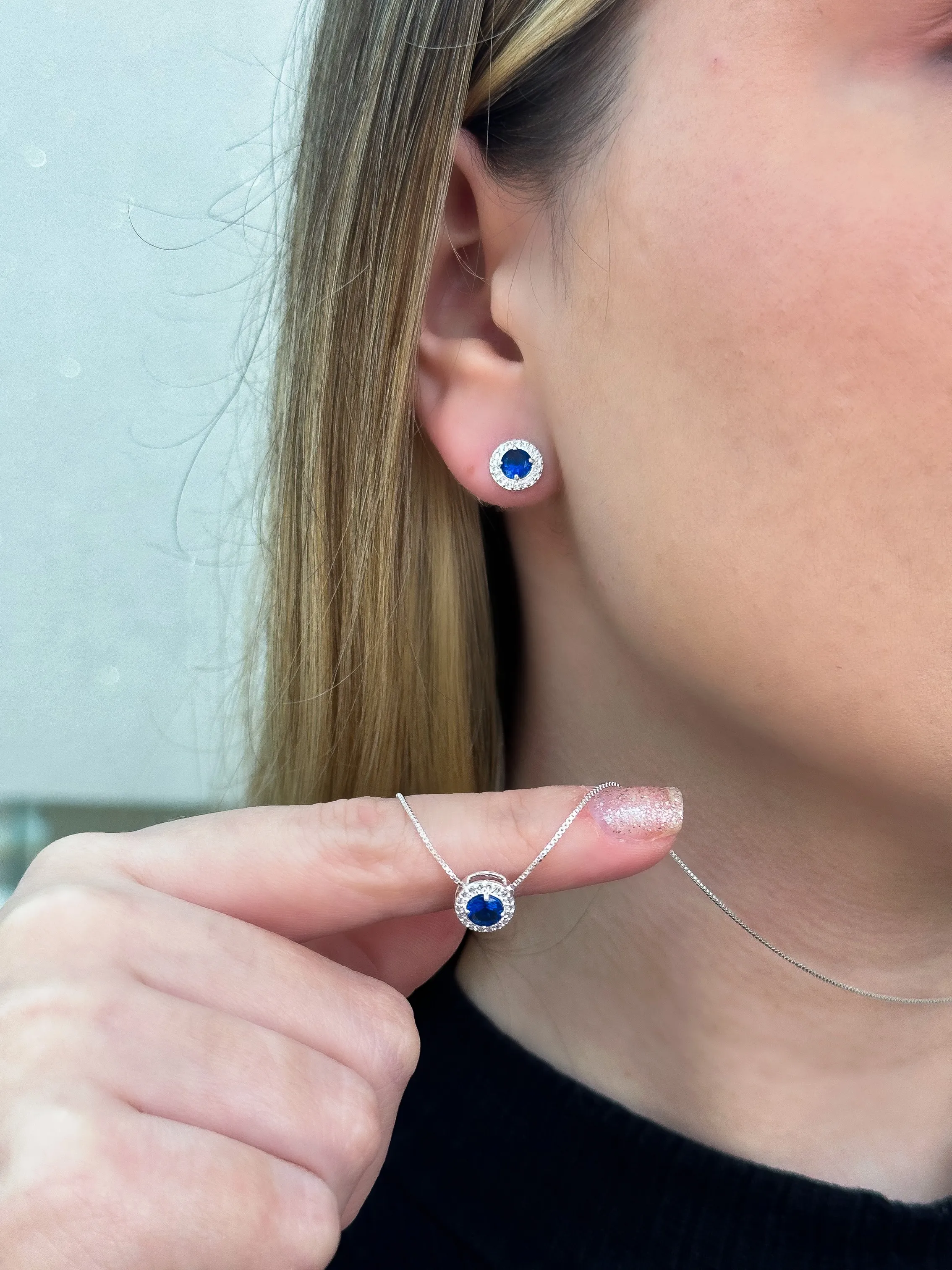 CONJUNTO PRATA CRAVEJADO PEDRA AZUL SAFIRA