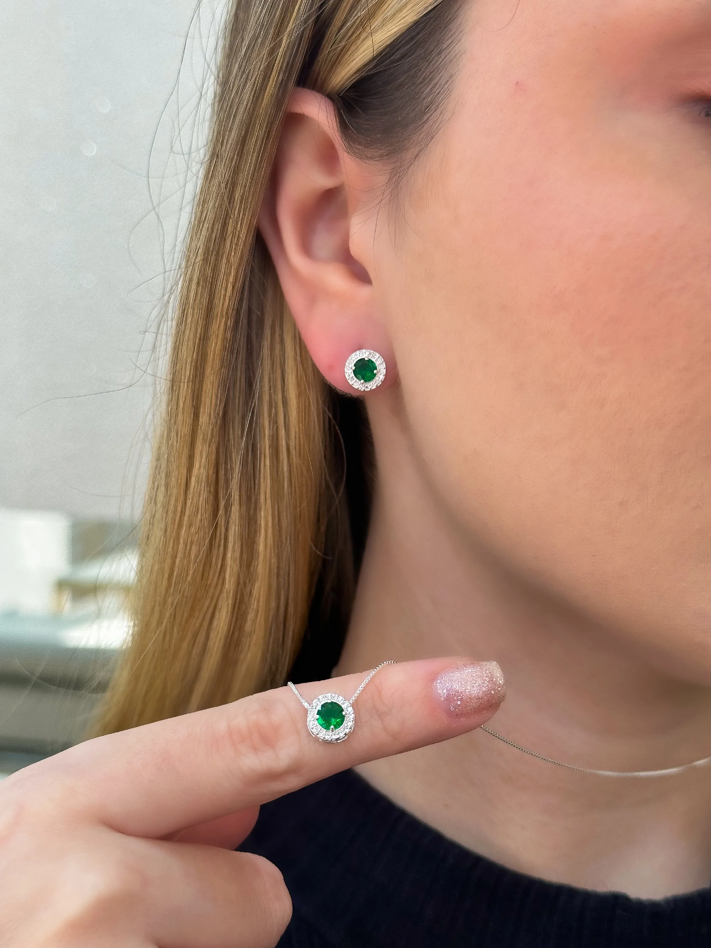 CONJUNTO PRATA CRAVEJADO PEDRA VERDE ESMERALDA