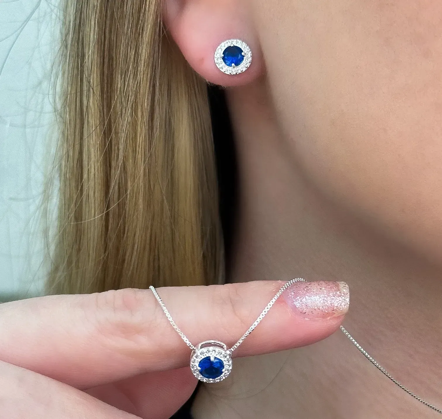 CONJUNTO PRATA CRAVEJADO PEDRA AZUL SAFIRA