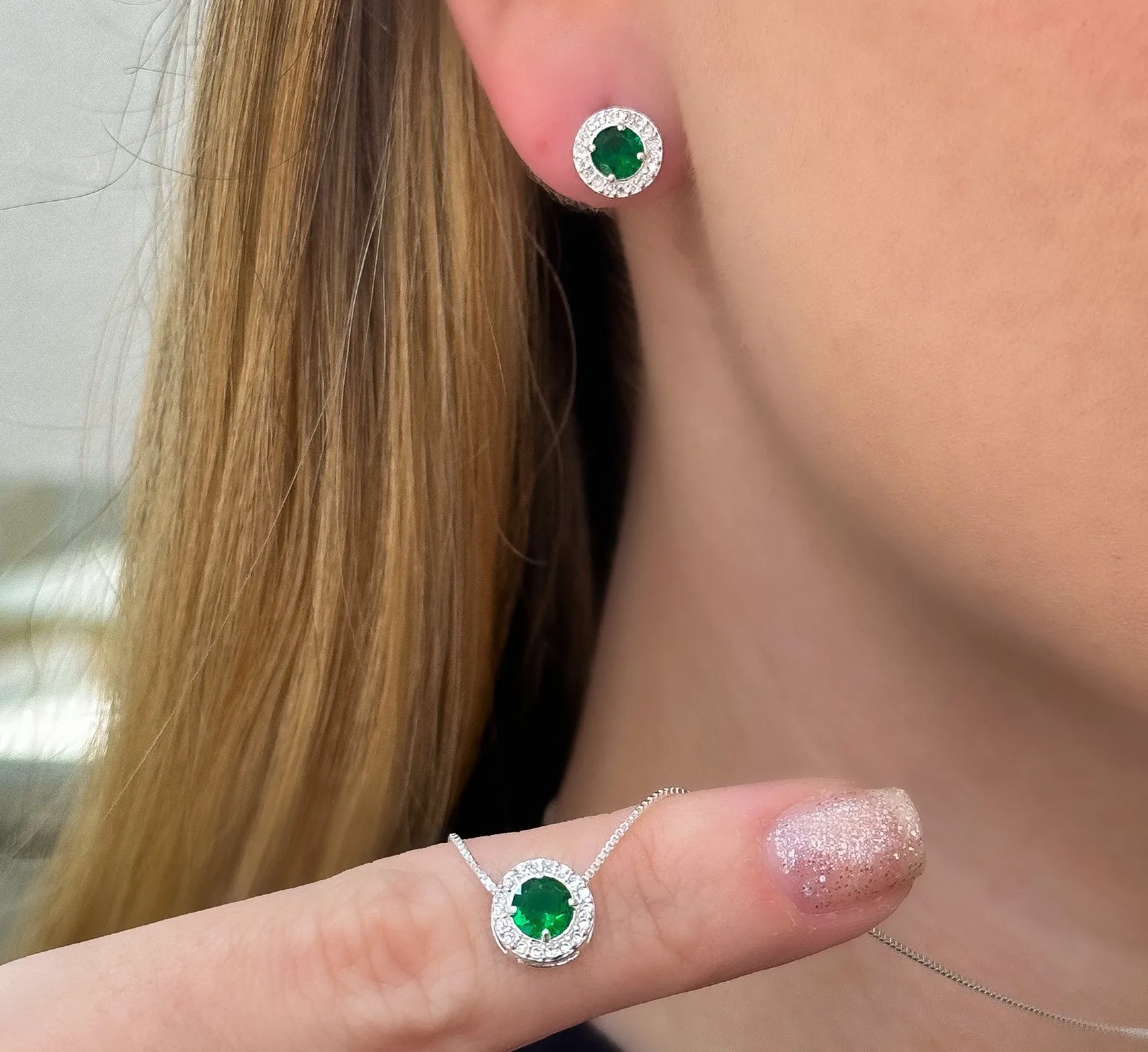 CONJUNTO PRATA CRAVEJADO PEDRA VERDE ESMERALDA
