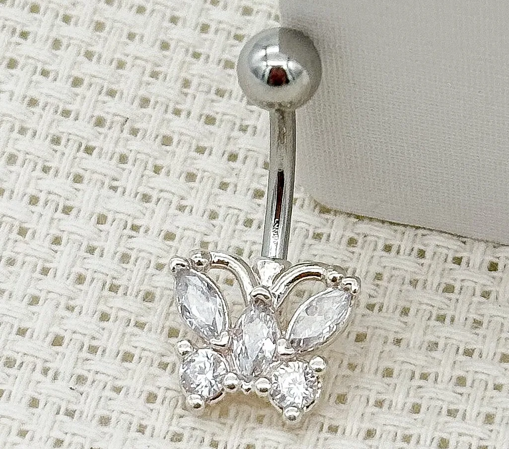 PIERCING PRATA UMBIGO BORBOLETA PEDRA CRISTAL