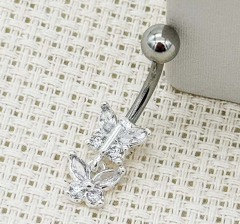 PIERCING PRATA UMBIGO  2 BORBOLETAS PEDRAS CRISTAIS