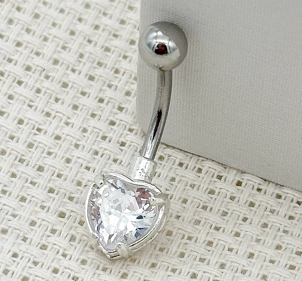 PIERCING PRATA UMBIGO CORAÇÃO PEDRA CRISTAL