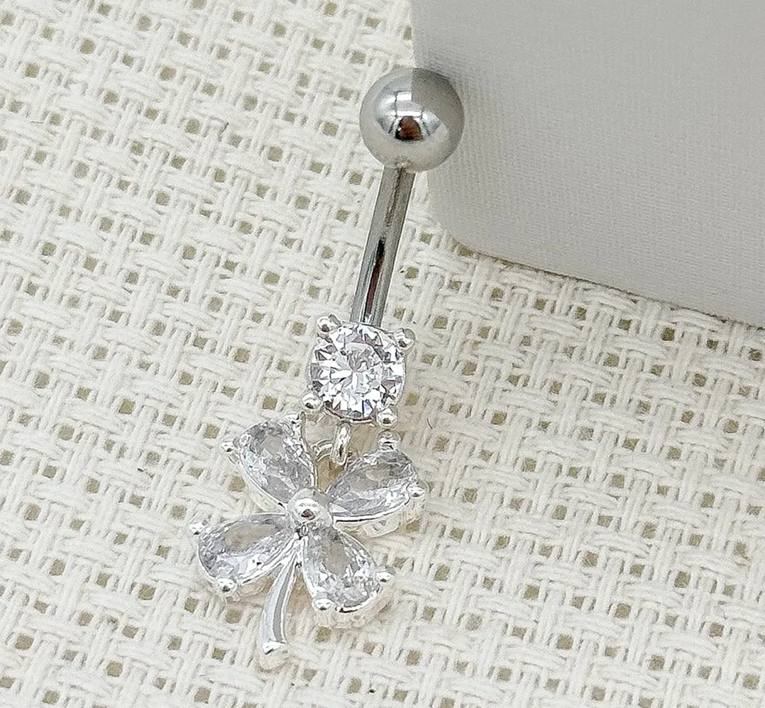 PIERCING PRATA UMBIGO TREVO PEDRA CRISTAL