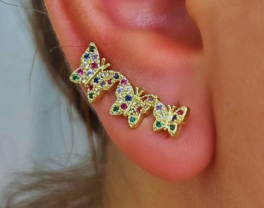 BRINCO EAR CUFF BORBOLETAS CRAVEJADAS COLORS