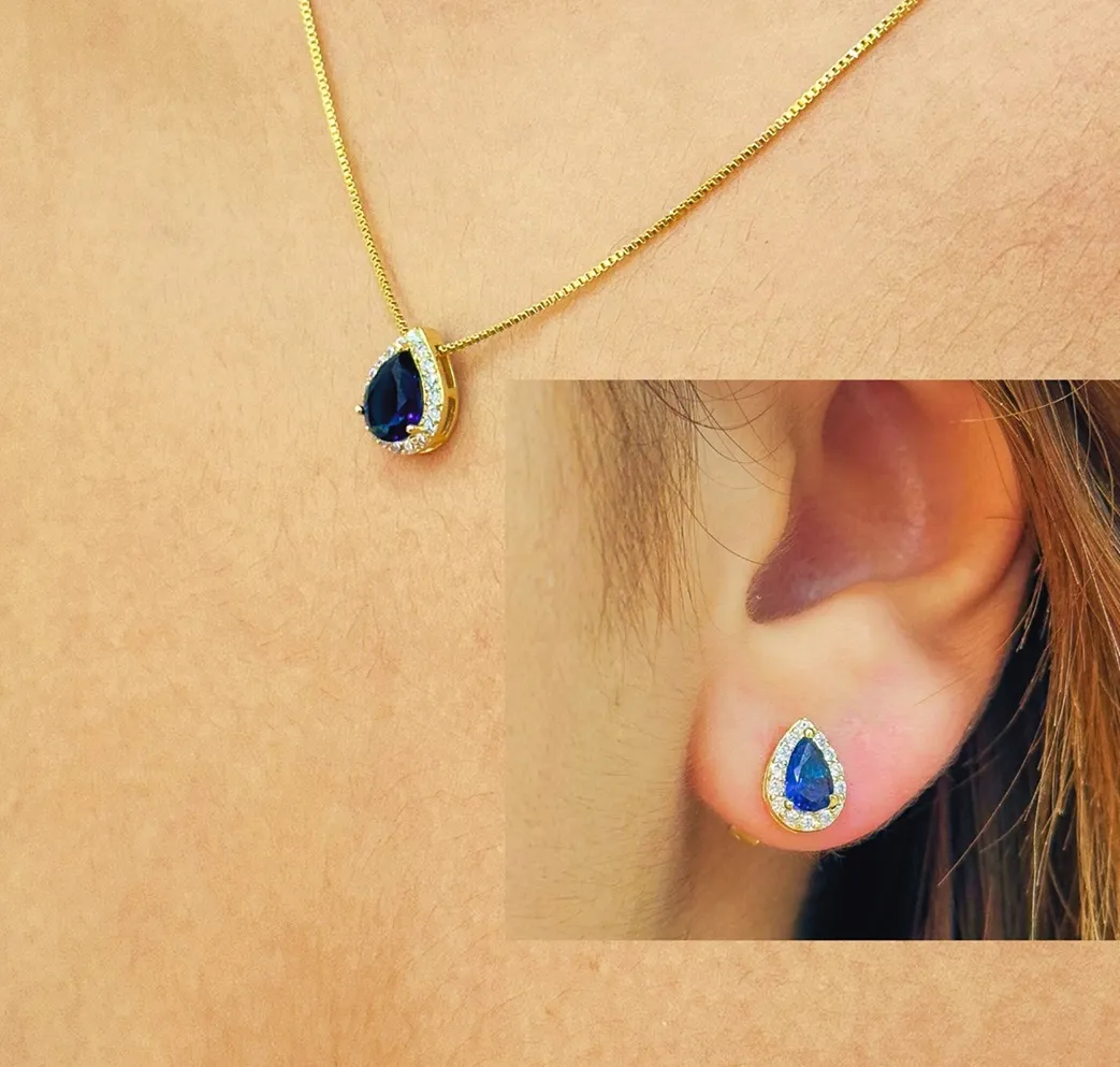 CONJUNTO CORAÇÃO GOTA SAFIRA BORDA CRAVEJADA
