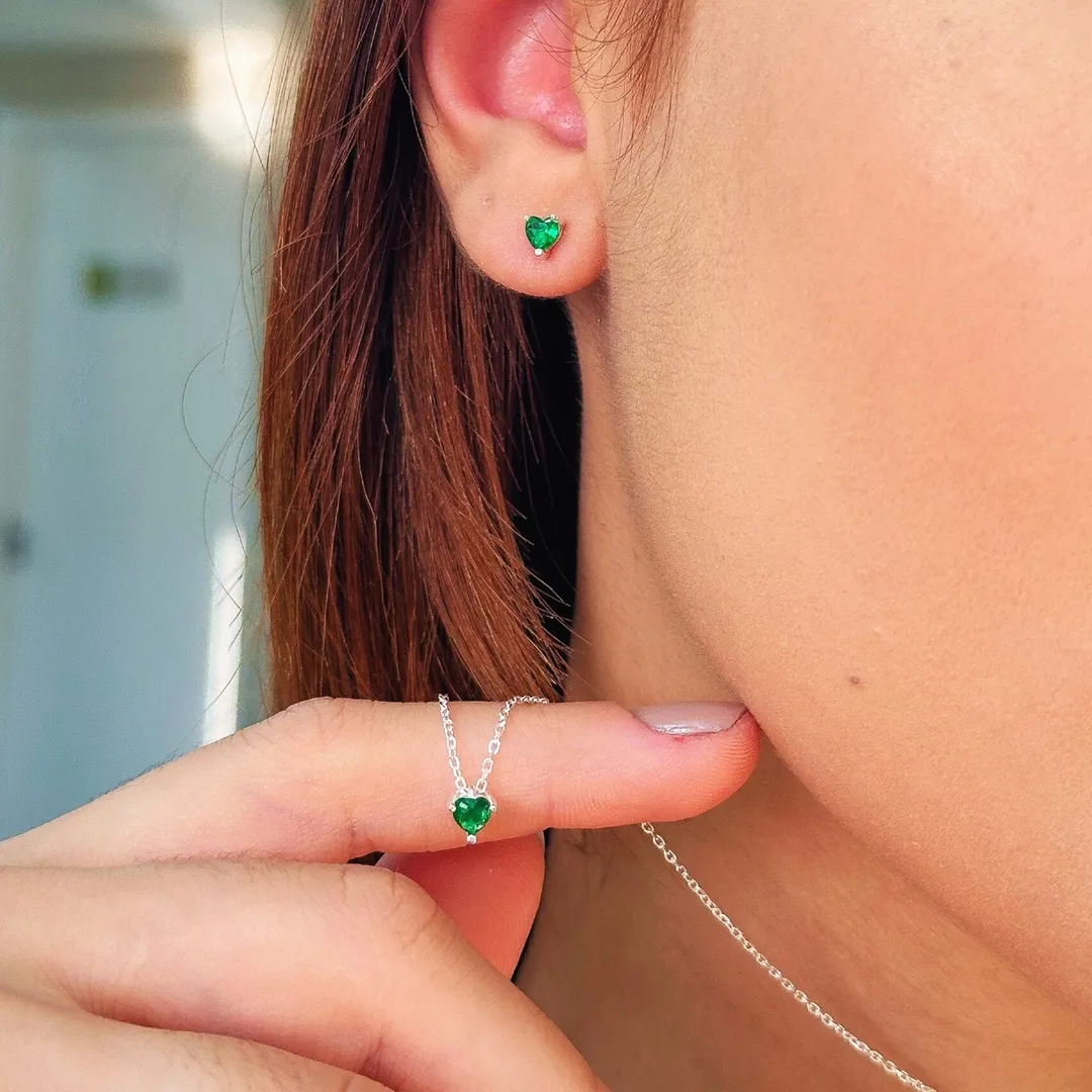 CONJUNTO PRATA CORAÇÃO PEDRA VERDE ESMERALDA