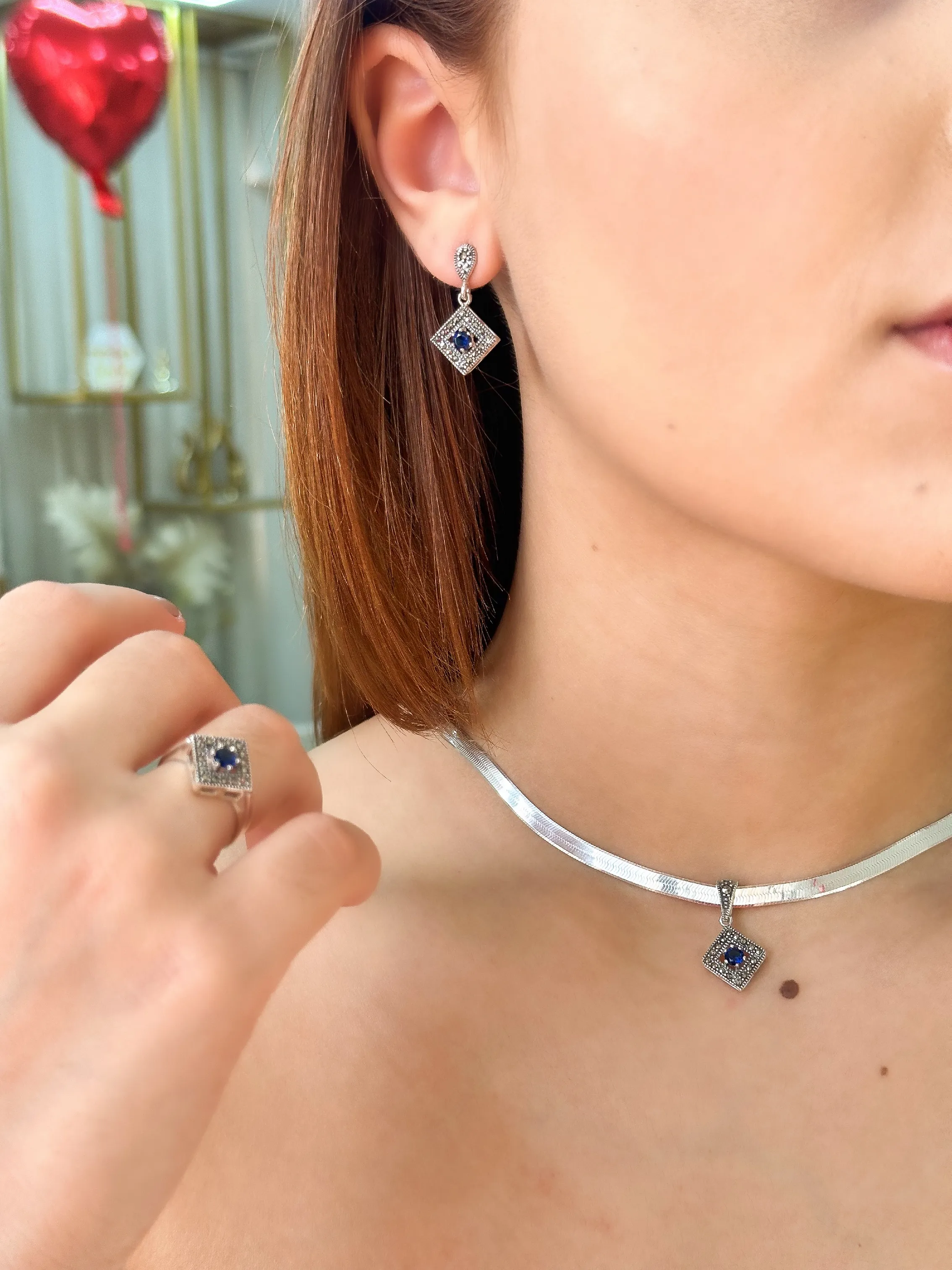 BRINCO PRATA BALI ZIRCONIA SAFIRA E MARCASSITAS