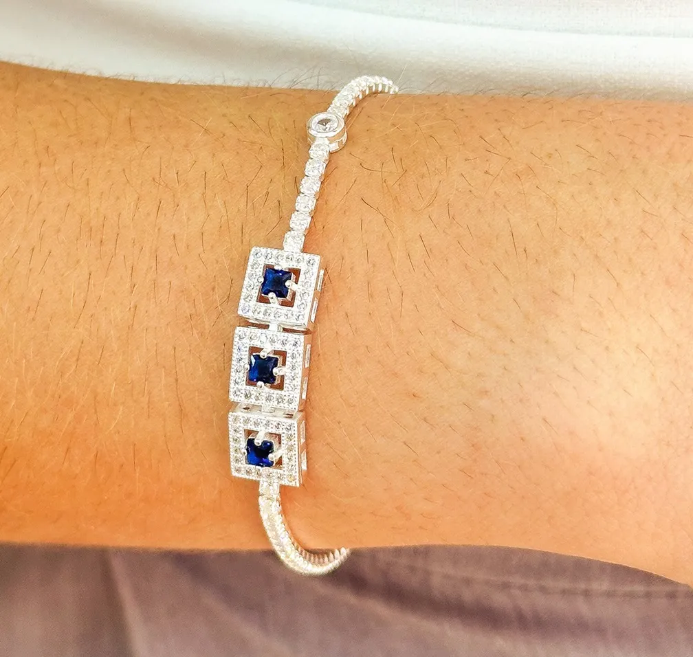 PULSEIRA PRATA RIVIERA CRAVEJADA PEDRA AZUL SAFIRA