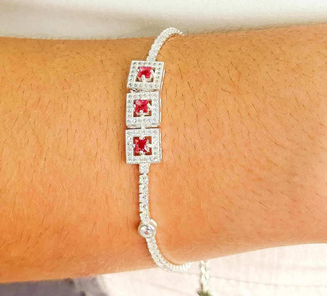 PULSEIRA PRATA RIVIERA CRAVEJADA PEDRA VERMELHO RUBI