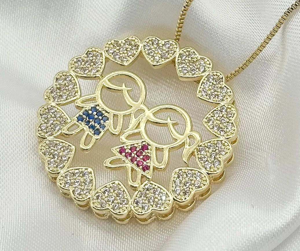 GARGANTILHA MANDALA CASAL CRAVEJADO ZIRCONIAS AZUIS E ROSA