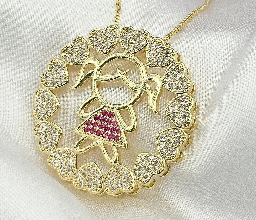 GARGANTILHA MANDALA MENINA CRAVEJADA ZIRCONIA ROSA