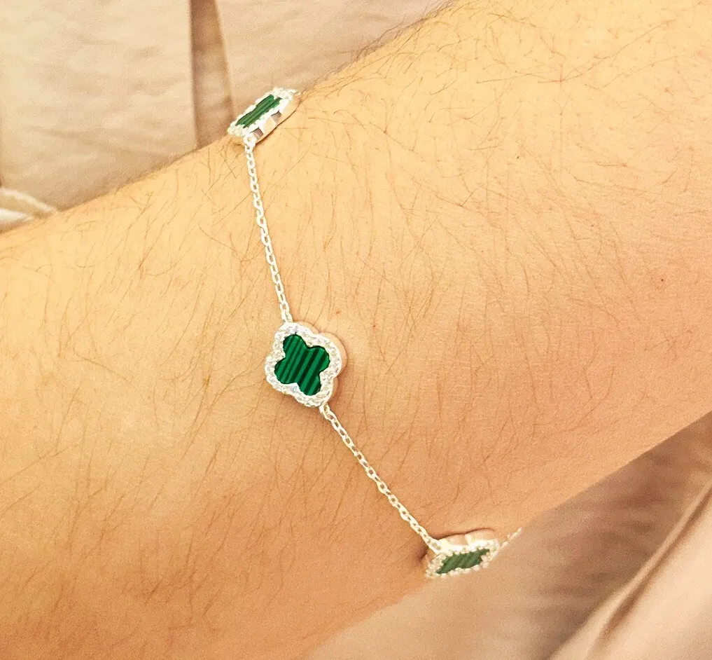 PULSEIRA PRATA ALHAMBRA VAN CLEEF MALAQUITAS BORDA CRAVEJADA