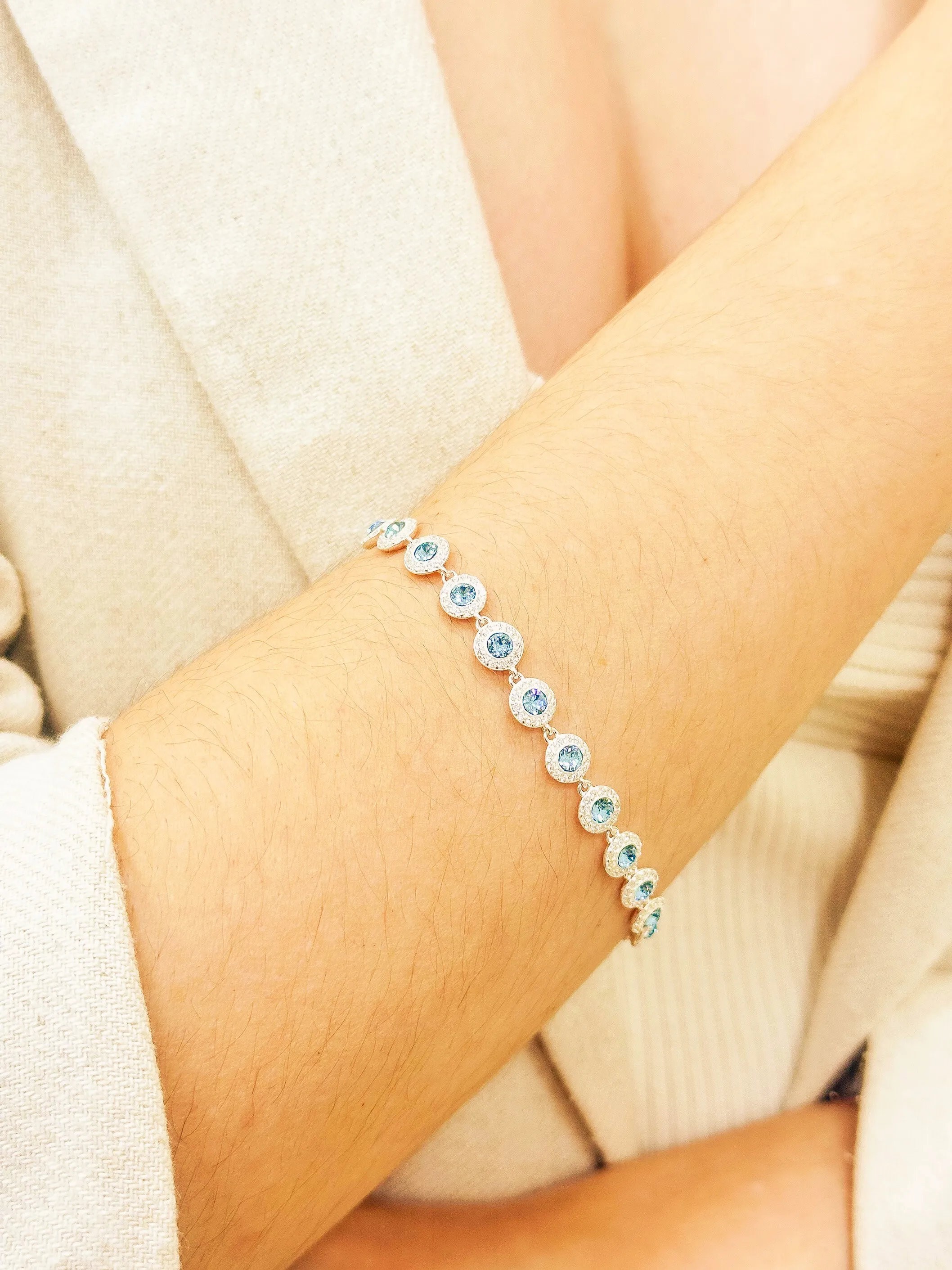 PULSEIRA PRATA PEDRA SWAROVSKI AQUAMARINE